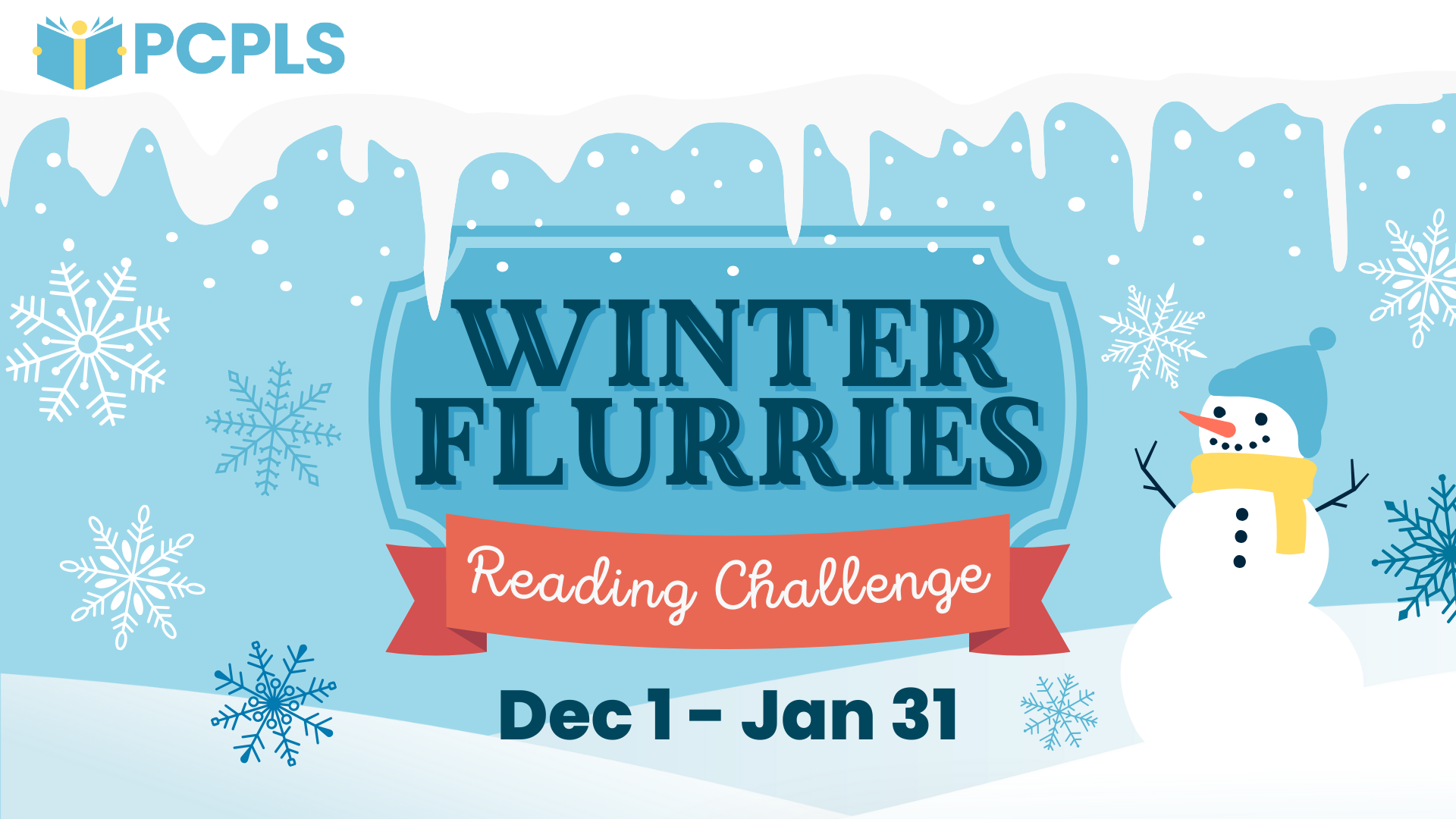 Image Text: "Winter Flurries Reading Challenge. December 1 - Jan 31." The image has snowflakes and a snowman. 
