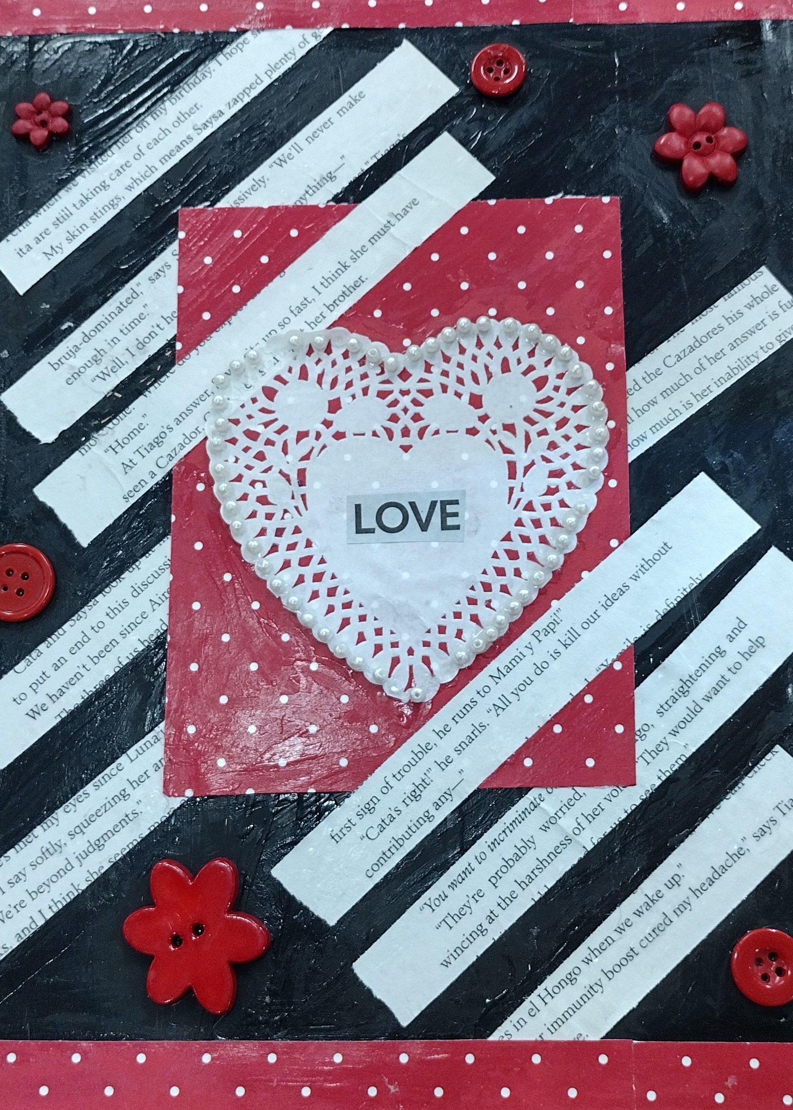 Mixed Media Valentine on Canvas Panel with buttons, paper, beads, etc. 