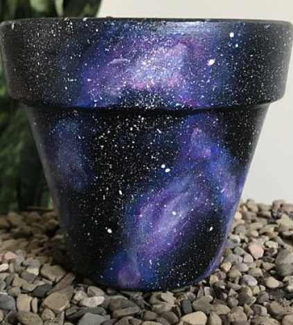 Black, purple, white galactic painted flower pot