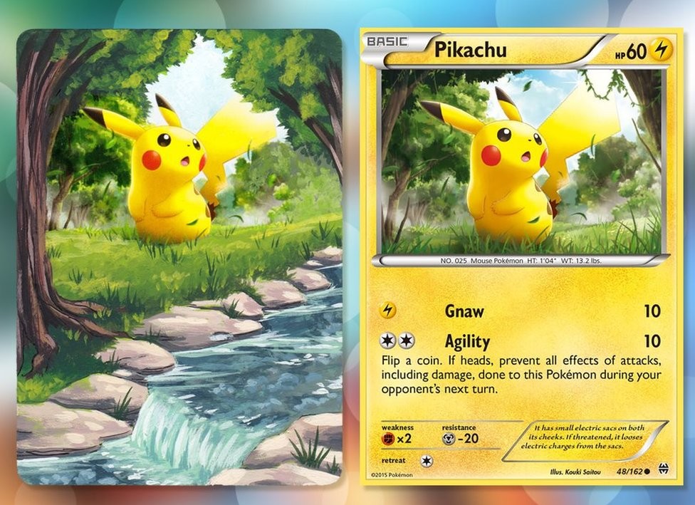 Original Pokemon card on right side with painted example on left extending the image of the scene with Pikachu out to edge of the card