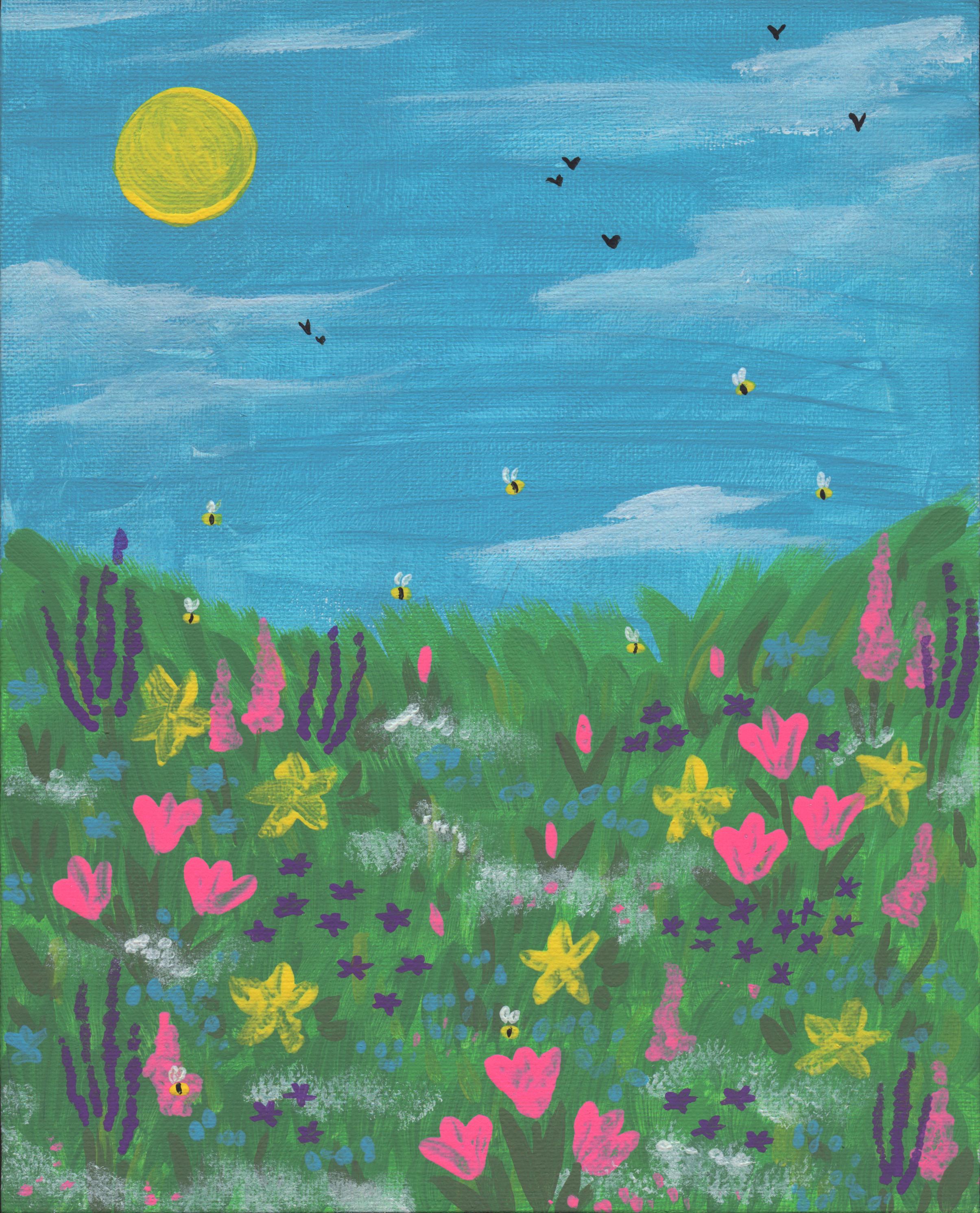 Blue sky with bright sun and clouds with a field of wildflowers in a meadow, and tiny bees flying around