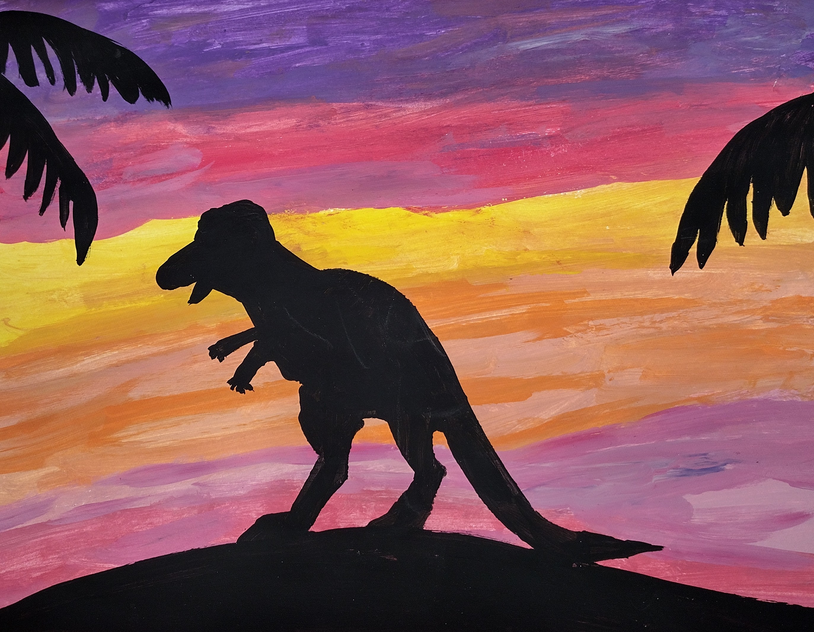 A painting of a dinosaur silhouette in front of a vibrant sky of yellows, pinks, purples and oranges. 
