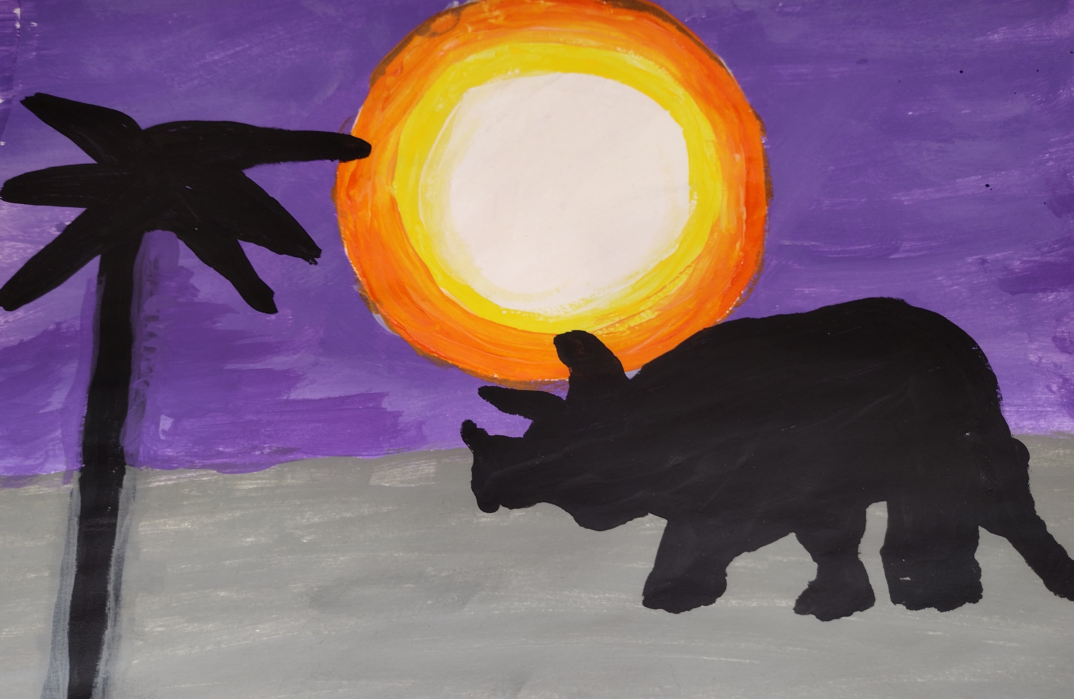 A painting of a dinosaur silhouette in front of a sunset with a purple sky.