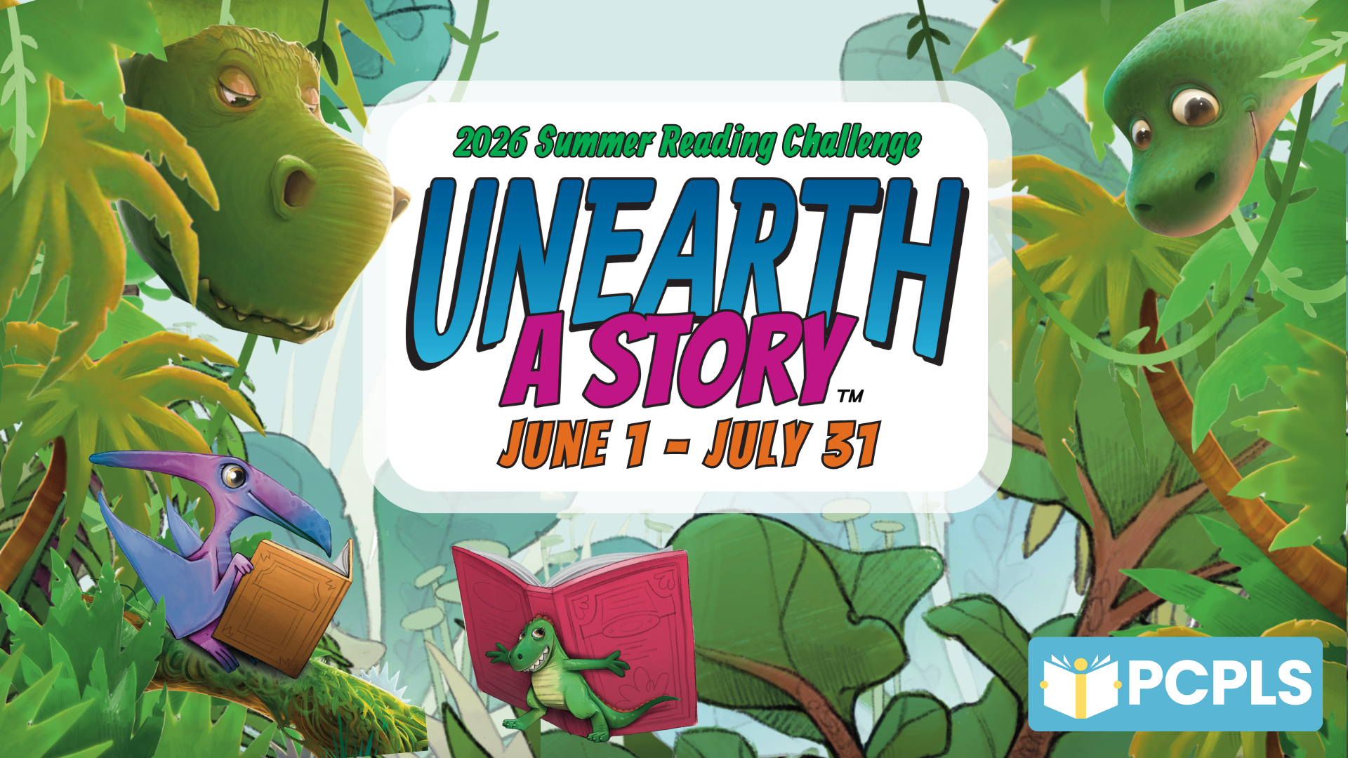 Cute Dinosaurs Reading books, Text: 2026 Summer Reading Challenge, Unearth A Story, June 1 - July 31