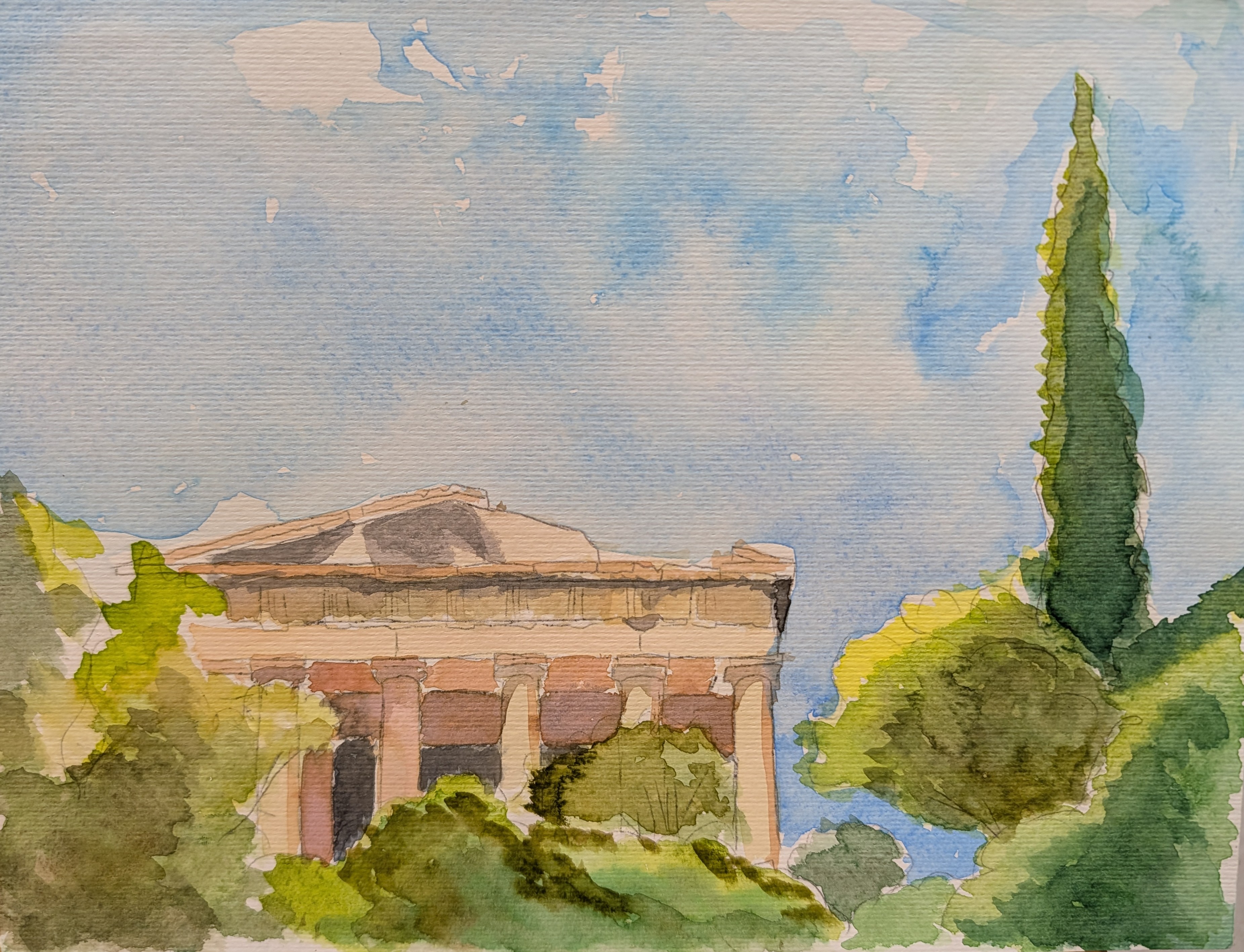 Watercolor landscape with trees surrounding a Greek temple and blue sky in the background