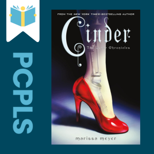 "Blue Text down the left side: PCPLS, PCPLS logo on a white page marker in the top left corner, {Cinder} book cover along the right side, Navy background"