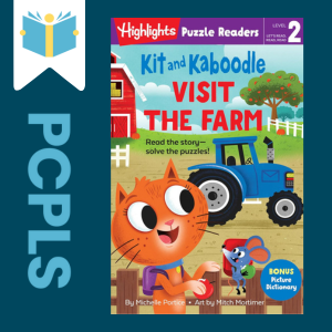 "Blue Text down the left side: PCPLS, PCPLS logo on a white page marker in the top left corner, {Kit and Kaboodle Visit the Farm} book cover along the right side, Navy background"