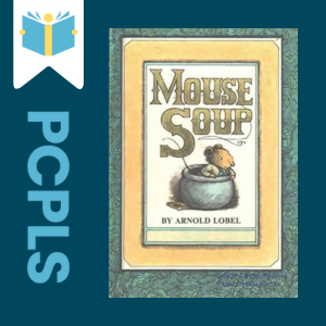 "Blue Text down the left side: PCPLS, PCPLS logo on a white page marker in the top left corner, {Mouse Soup} book cover along the right side, Navy background"