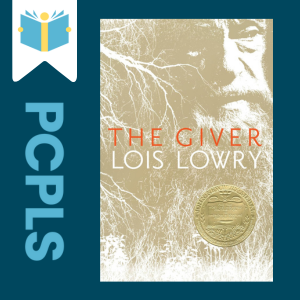 "Blue Text down the left side: PCPLS, PCPLS logo on a white page marker in the top left corner, {The Giver} book cover along the right side, Navy background"
