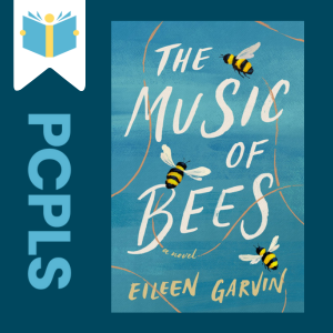 "Blue Text down the left side: PCPLS, PCPLS logo on a white page marker in the top left corner, {The Music of Bees},  book cover along the right side, Navy background"