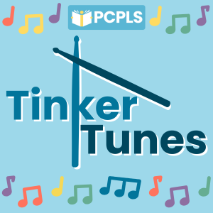 Blue Text: Tinker Tunes, Blue Drumsticks overlayed on the text, Light blue background with a rainbow music notes border, PCPLS logo at the top of the image