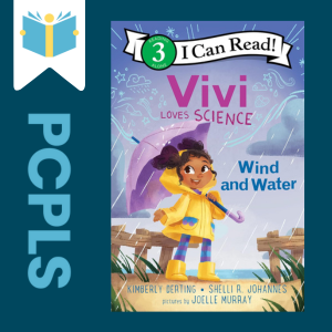 Blue Text down the left side: PCPLS, PCPLS logo on a white page marker in the top left corner, {Vivi Loves Science: Wind and Water} book cover along the right side, Navy background"