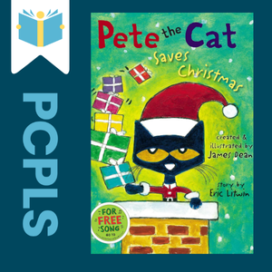 "Blue Text down the left side: PCPLS, PCPLS logo on a white page marker in the top left corner, {Pete the Cat Saves Christmas} book cover along the right side, Navy background"