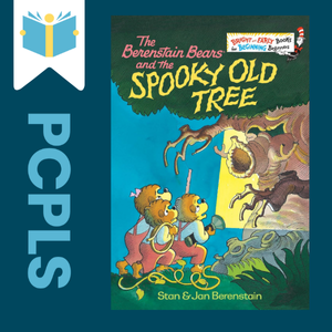 "Blue Text down the left side: PCPLS, PCPLS logo on a white page marker in the top left corner, {The Berenstain bears and the spooky old tree} book cover along the right side, Navy background"
