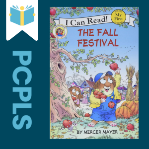"Blue Text down the left side: PCPLS, PCPLS logo on a white page marker in the top left corner, {The Fall Festival} book cover along the right side, Navy background"