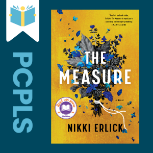 "Blue Text down the left side: PCPLS, PCPLS logo on a white page marker in the top left corner, {The Measure} book cover along the right side, Navy background"