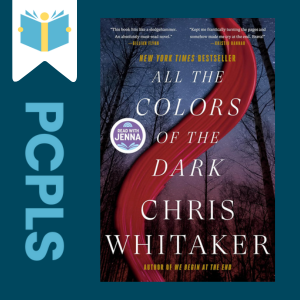 "Blue Text down the left side: PCPLS, PCPLS logo on a white page marker in the top left corner, {All the Colors of the Dark} book cover along the right side, Navy background"