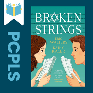 "Blue Text down the left side: PCPLS, PCPLS logo on a white page marker in the top left corner, {Broken Strings} book cover along the right side, Navy background"