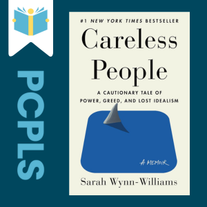 "Blue Text down the left side: PCPLS, PCPLS logo on a white page marker in the top left corner, {Careless People} book cover along the right side, Navy background"