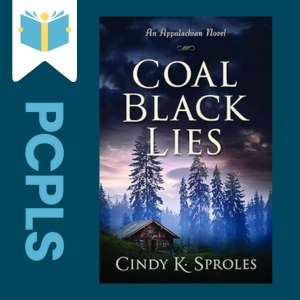 "Blue Text down the left side: PCPLS, PCPLS logo on a white page marker in the top left corner, {Coal Black Lies} book cover along the right side, Navy background"