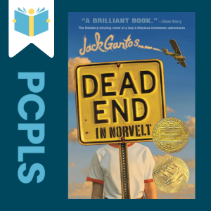 "Blue Text down the left side: PCPLS, PCPLS logo on a white page marker in the top left corner, {Dead End in Norvelt} book cover along the right side, Navy background"