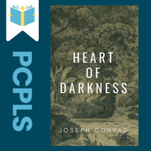 "Blue Text down the left side: PCPLS, PCPLS logo on a white page marker in the top left corner, {Heart of Darkness} book cover along the right side, Navy background"