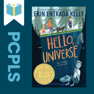 "Blue Text down the left side: PCPLS, PCPLS logo on a white page marker in the top left corner, {Hello, Universe} book cover along the right side, Navy background"