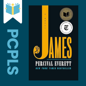 "Blue Text down the left side: PCPLS, PCPLS logo on a white page marker in the top left corner, {James} book cover along the right side, Navy background"