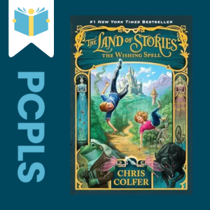 "Blue Text down the left side: PCPLS, PCPLS logo on a white page marker in the top left corner, {Land of Stories: The Wishing Spell} book cover along the right side, Navy background"