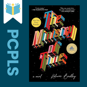 "Blue Text down the left side: PCPLS, PCPLS logo on a white page marker in the top left corner, {The Ministry of Time} book cover along the right side, Navy background"