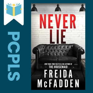 "Blue Text down the left side: PCPLS, PCPLS logo on a white page marker in the top left corner, {Never Lie} book cover along the right side, Navy background"
