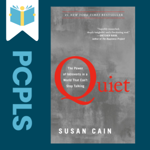 "Blue Text down the left side: PCPLS, PCPLS logo on a white page marker in the top left corner, {Quiet} book cover along the right side, Navy background"