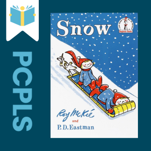 "Blue Text down the left side: PCPLS, PCPLS logo on a white page marker in the top left corner, {Snow} book cover along the right side, Navy background"