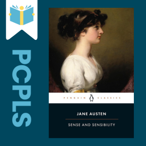 "Blue Text down the left side: PCPLS, PCPLS logo on a white page marker in the top left corner, {Sense and Sensibility} book cover along the right side, Navy background"