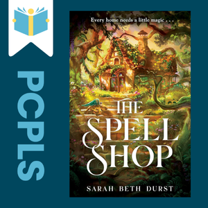 "Blue Text down the left side: PCPLS, PCPLS logo on a white page marker in the top left corner, {The Spellshop} book cover along the right side, Navy background"