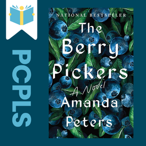 "Blue Text down the left side: PCPLS, PCPLS logo on a white page marker in the top left corner, {The Berry Pickers} book cover along the right side, Navy background"