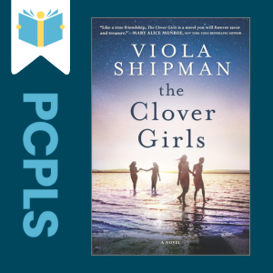 "Blue Text down the left side: PCPLS, PCPLS logo on a white page marker in the top left corner, {The Clover Girls} book cover along the right side, Navy background"