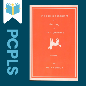 "Blue Text down the left side: PCPLS, PCPLS logo on a white page marker in the top left corner, {The Curious Incident of the Dog in the Night-Time} book cover along the right side, Navy background"