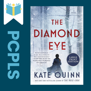 "Blue Text down the left side: PCPLS, PCPLS logo on a white page marker in the top left corner, {The Diamond Eye} book cover along the right side, Navy background"