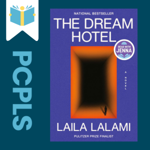 "Blue Text down the left side: PCPLS, PCPLS logo on a white page marker in the top left corner, {The Dream Hotel} book cover along the right side, Navy background"