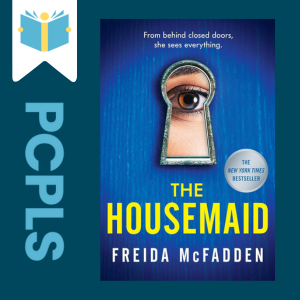 "Blue Text down the left side: PCPLS, PCPLS logo on a white page marker in the top left corner, {The Handsmaid} book cover along the right side, Navy background"