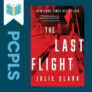 "Blue Text down the left side: PCPLS, PCPLS logo on a white page marker in the top left corner, {The Last Flight} book cover along the right side, Navy background"