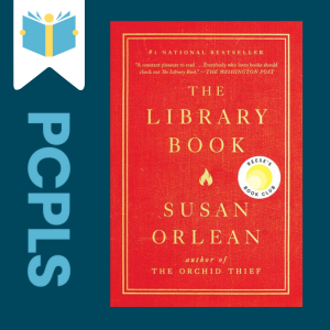 "Blue Text down the left side: PCPLS, PCPLS logo on a white page marker in the top left corner, {The Library Book} book cover along the right side, Navy background"