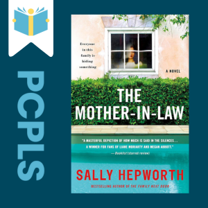 "Blue Text down the left side: PCPLS, PCPLS logo on a white page marker in the top left corner, {The Mother-In-Law} book cover along the right side, Navy background"