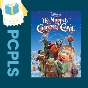 "Blue Text down the left side: PCPLS, PCPLS logo on a white page marker in the top left corner, {The Muppet Christmas Carol} movie cover along the right side, Navy background"