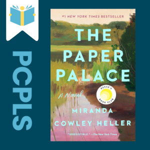 "Blue Text down the left side: PCPLS, PCPLS logo on a white page marker in the top left corner, {The Paper Palace} book cover along the right side, Navy background"