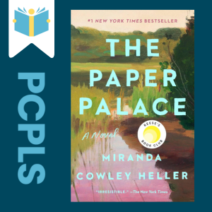 "Blue Text down the left side: PCPLS, PCPLS logo on a white page marker in the top left corner, {The Paper Palace} book cover along the right side, Navy background"