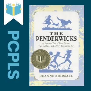 "Blue Text down the left side: PCPLS, PCPLS logo on a white page marker in the top left corner, {The Penderwicks} book cover along the right side, Navy background"