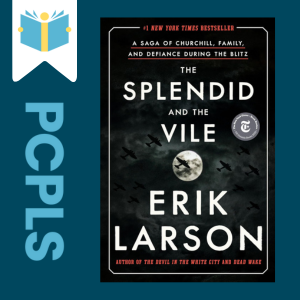 "Blue Text down the left side: PCPLS, PCPLS logo on a white page marker in the top left corner, {The Splendid and the Vile} book cover along the right side, Navy background"