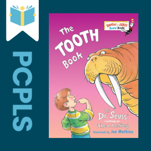 "Blue Text down the left side: PCPLS, PCPLS logo on a white page marker in the top left corner, {The Tooth Book} book cover along the right side, Navy background"
